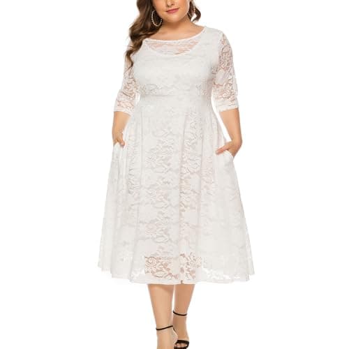Eternatastic Womens Scooped Neckline Floral lace Top Plus Size Cocktail Party Midi Dress 4XL White
