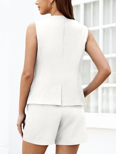 Casly Lamiit Womens 2025 Summer 2 Piece Outfits Sleeveless Crew Neck Vest Dressy Short Sets Business Casual Clothes with Pockets White S - Thumbnail 3