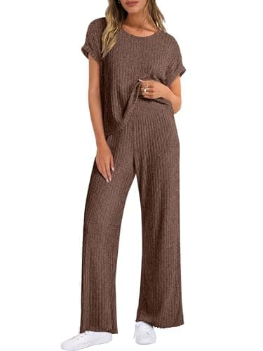 ANRABESS Lounge Sets For Women Summer Rib Knit 2 Piece Pajama Sets 2026 Casual Spring Beach Vacation Outfits Airport Clothes Brown Medium - Image 1