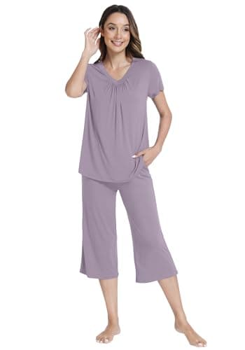 WiWi Super Soft Pajama Set for Women Cooling Sleepwear Short Sleeve Top with Capris Pajamas Sets with Pockets S-XXL, Violet, Small - Image 1
