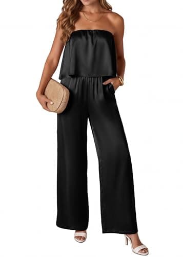 KIRUNDO Jumpsuits For Women Dressy 2026 Summer Satin Strapless Romper Flowy Tube Top Spring One Piece Vacation Outfits(Black, XX-Large) - Image 1