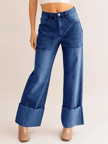 PLNOTME Womens Baggy Cuffed Jeans Casual Straight Leg Boyfriend Denim Pants with Pockets Navy - Thumbnail 5