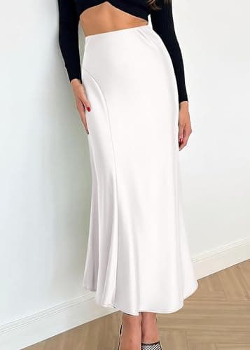 KIRUNDO Women Spring Summer Satin Maxi Skirt 2026 Trendy High Waisted Wedding Cocktail Party Work Silk A-Line Formal Skirts(X-Large, White) - Thumbnail 3