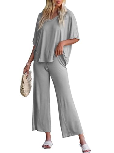 Tankaneo Womens 2 Piece Outfits Lounge Sets Oversized Short Sleeve V Neck Tshirts Wide Leg Cropped Pants Matching Set, Light Grey, Medium - Image 1