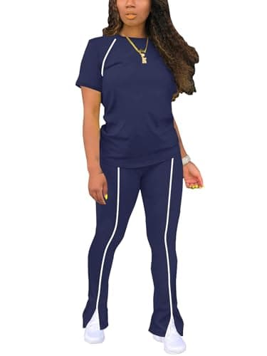 STOLKISS Lounge Sets for Women 2 Piece Summer Casual Crewneck Jogger Workout Outfits Short Tops Long Pants Sweatsuit Leggings Sets Blue M - Image 1