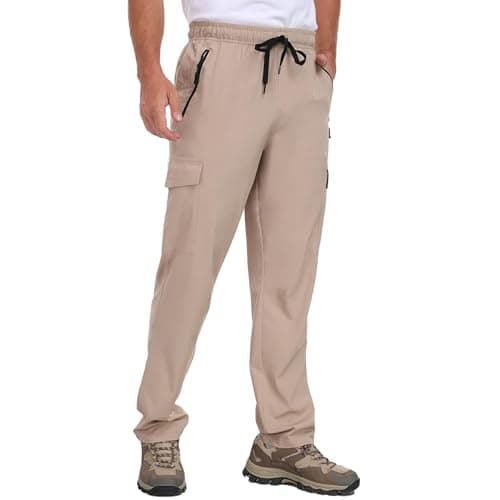Mens Cargo Hiking Pants with 4 Pockets Waterproof Quick Dry Elastic Waist Drawstring UPF 50+ Lightweight Work Casual Travel Golf Workout Gym Khaki L - Thumbnail 2