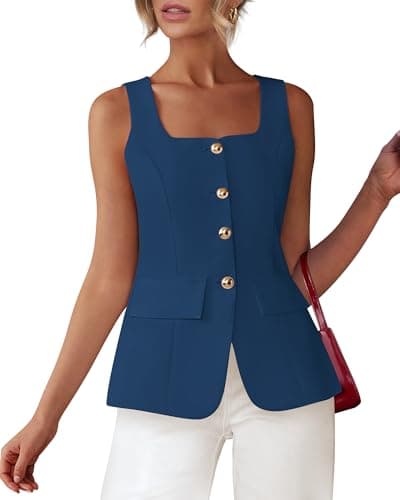 BTFBM Womens Sleeveless Suit Vests Dressy Casual Square Neck Business Work Waistcoat Spring Button Blazer Vest Tops 2026(Dark Blue, X-Small) - Image 1
