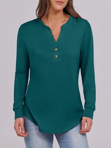 ANRABESS Women's Long Sleeve Shirts 2026 Spring Fashion Dressy Casual Tops Trendy Henley Blouses Cute Work Outfits Clothes Teal Large - Thumbnail 4