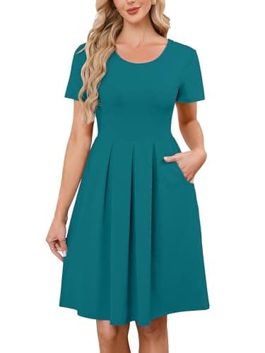 KORSIS Women Summer Dresses Short Sleeve Casual Round Neck A-Line Pleated Dress Beach Casual Vacation Sundress with Pockets (S-2XL) Lake Blue - Image 1