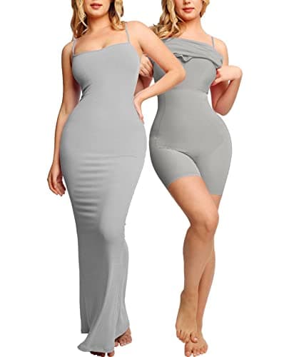 Popilush Womens Summer Gray Maxi Dress Built in Bra Shapewear Tummy Control Bodycon Spaghetti Strap Ribbed Formal Party Dresses - Image 1
