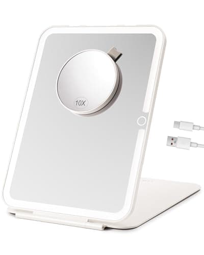 LUKYMIRO 7x9.5 Inches Lighted Travel Mirror with 10X Magnifying Round Mirror, Rechargeable Battery, USB-C Charging, 78 LEDs, Tabletop Mount