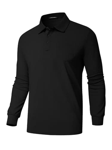Promen polo Men's Classic Long Sleeve Polo Shirts Casual Lightweight Solid Golf Shirts with Pocket Black XXL