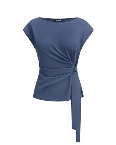 BTFBM Womens Tops Summer 2026 Cap Sleeve Crew Neck Tie Waist Blouses Dressy Casual Business Work Clothes Early Fall Fashion(Grey Blue, Large) - Image 1