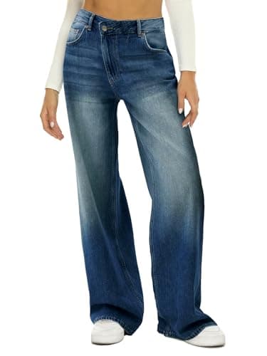 HDLTE Women Crossover Wide Leg Jeans - Stretch Baggy High Waisted Trendy Boyfriend Jeans with Crisscross Y2K 90s Style - Image 1