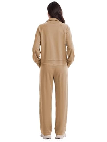 Anyshe Women's 2 Piece Sweatsuit Set Lounge Set Half Zip Sweatshirt with Kangaroo Pocket Thumb Holes Wide Leg Drawstring Pants Casual Tracksuit for Travel Daily Wear, Khaki, Medium - Thumbnail 2