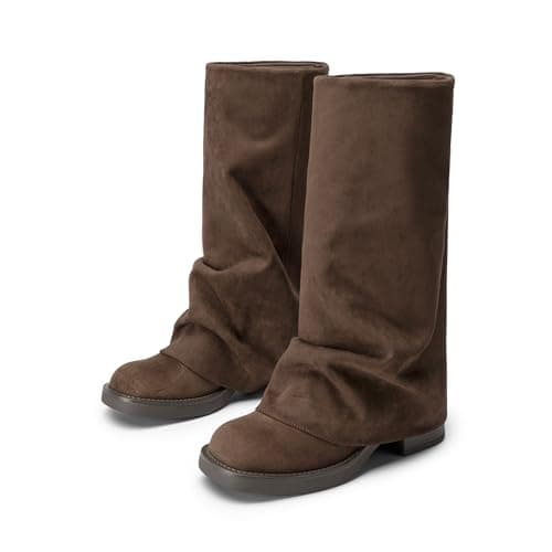 Athlefit Slouchy Mid Calf Boots for Women Fold Over Square Toe Platform Wide Calf Pull On Brown Suede Fall Boots for Travel Vacations Size 11 - Thumbnail 6