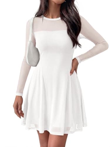BTFBM Women’s Mini Dress Sheer Mesh Long Sleeve Flowy A Line Casual Cocktail Party Going Out Dresses 2026 Fall Fashion(White, Small) - Thumbnail 2