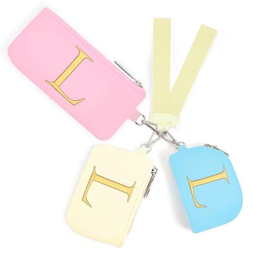 Mini Zip Around Keychain Wristlet Wallets for Women and Girls: Three Coin Purses with 2 Straps - Best Gifts for Birthdays, Christmas, Wedding Parties, Valentine's Day, New Year (L, Blue&Pink&Cream)