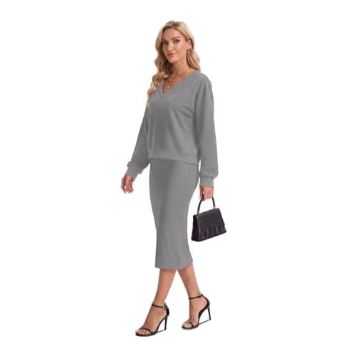 Anyshe Women's 2 Piece Matching Knit Sweater Set, Long Sleeve V-Neck Top with Maxi Skirt, Effortless Style for Vacation - Thumbnail 3