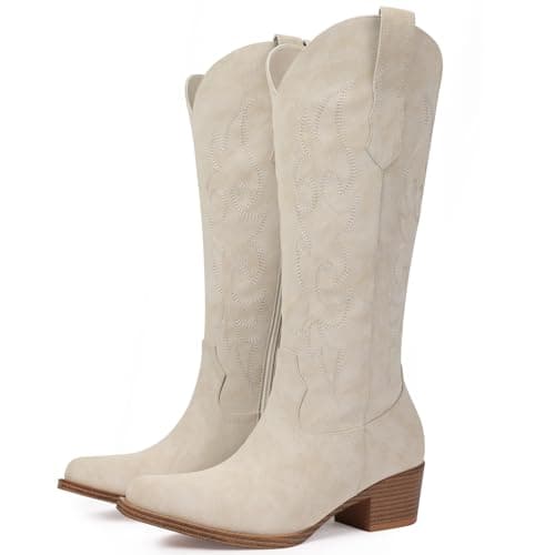 Quorvash Women's Wide Calf Cowboy Boots - Snip Toe Western Cowgirl Boots, Faux Leather Chunky Knee High Boots for Country Concerts & Nashville Outfits Beige Size 9.5 - Image 1
