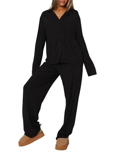 REORIA Funny Halloween Pajamas Women Button Up 2 Piece Pajama Set Sleepwear Black Large - Image 1