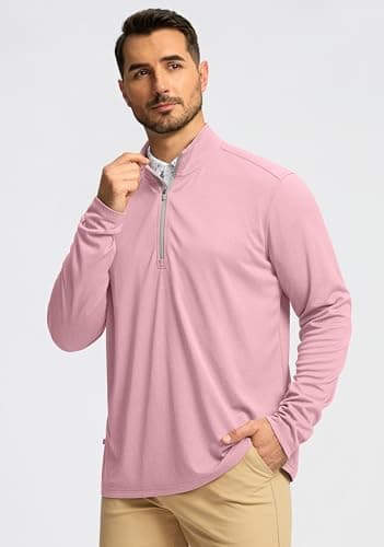 Obla Golf Quarter Zip Pullover for Men Mock Neck Sweatshirt Lightweight Sun Protection Men's Long Sleeve Golf Shirt (Pink Melange_M) - Thumbnail 2
