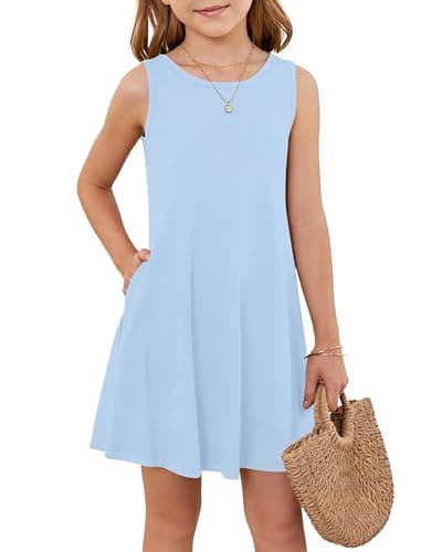 Girls Sleeveless Summer Dress Kids Crewneck Casual Mini Floral A Line Beach Sundresses with Pockets 5-14 Years Gray Blue XL - Image 1
