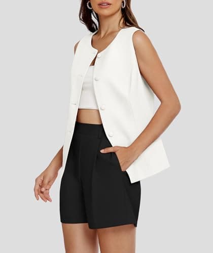 Casly Lamiit 2 Piece Short Sets for Women 2025 Summer Sleeveless Vest Business Casual Outfits High Waisted Suit Dressy Blazer Work Attire Black White XL - Thumbnail 2