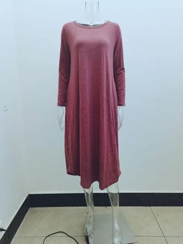 Lounge Dress for Women Long Sleeve Nightgown Midi Long Dress Loose Casual Side Slit Dresses Pocket XXL Red - Thumbnail 6