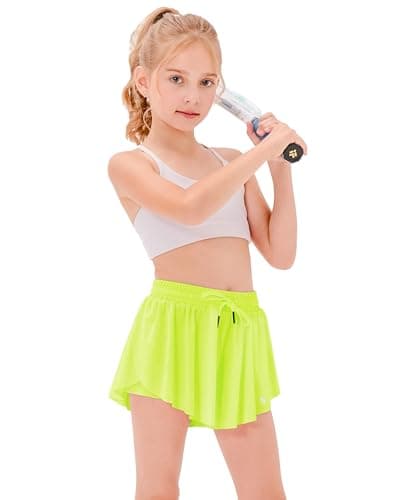 Stelle Girls Flowy Shorts with Pockets Athletic Running Skirt High Waist Butterfly 2 in 1 Sports Short 5-16 Years(Lime, XS) - Image 1
