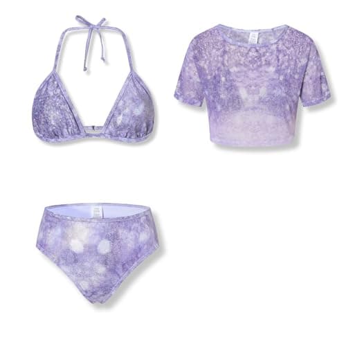 Girls 3 Piece Swimsuit, Purple Tie Dye Glitter Halter Bikini Set with Mesh Short Sleeve Cover Up, Tween to Teen Girls High Waisted Swimwear for Beach Pool Vacation, 13-14Years Old(13-14Y) - Image 1