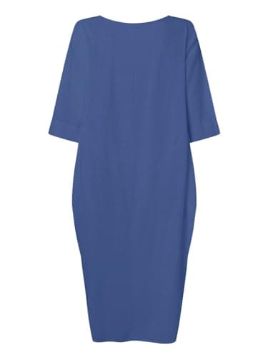 Celmia Women's 3/4 Sleeve Round Neck Solid Loose Long Maxi Dress Cotton Gown with Side Pockets Light Blue M - Thumbnail 4