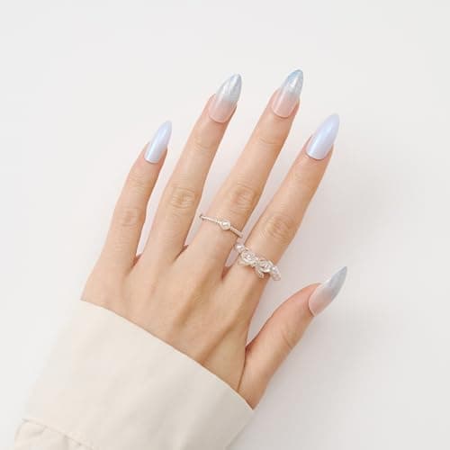 Press On Nails Almond Ombre Blue - Soft Gel Fake Nails With a Shimmery Finish, For Women And Teens, Perfect For Daily Wear, Playdates, And Relaxed Outings, 12 Sizes 24 Nail Kit With Glue - Thumbnail 3