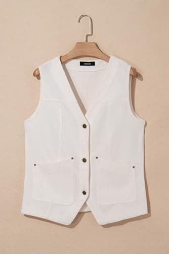 Dokotoo Womens Corduroy Vests for Women 2025 Trendy Button-Down Lightweight Waistcoat Summer Outfits Sleeveless Jacket Casual Vest with Pockets,White X-Large - Thumbnail 5