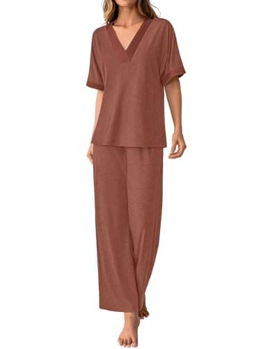GKBK Womens Two Piece Outfits Pajama Sets 3/4 Dolman Sleeve V Neck Sleepwear Nightwear Loungewear Matching Pjs 2 Piece Lounge Set Lightweight Sweatsuit Fall Fashion Ooutfit Brown M - Thumbnail 5