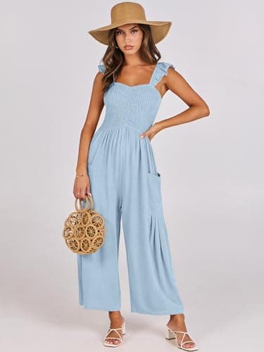 ANRABESS Women Summer Casual Dressy Sleeveless Smocked Wide Leg Linen Jumpsuits Rompers 2025 Trendy Travel Outfit Pocket Blue Small - Thumbnail 2