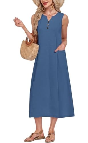 MOLERANI Midi Dress with Pockets V Neck Sleeveless Button Down Casual Summer Beach Vacation Dresses for Women Comfort, Beja Blue, 2XL - Thumbnail 2