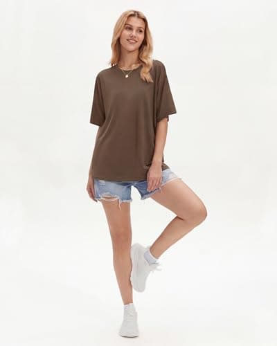 Stelle T Shirts for Women Crew Neck Short Sleeve Summer Tops Loose Fit Soft Basic Tee Shirt Mocha X-Large - Thumbnail 6