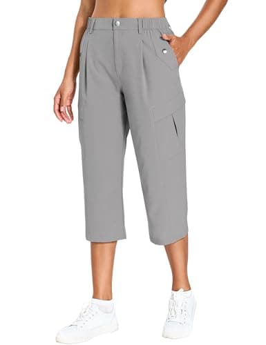 Women's Quick Dry Hiking Pants Cargo Capris Lightweight Water Resistant Outdoor Travel Pants 6 Pockets (Khaki,S)