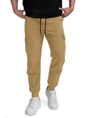Crastimo Hiking Joggers Men Slim Fit Pants Elastic Waist Drawstring Stretch Sweatpants Cuffs Lightweight Casual Athletic Joggers Outdoor Running Khaki 3XL - Thumbnail 2