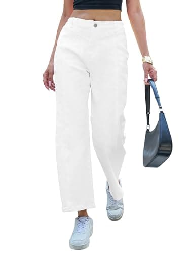 PEIHOT Wide Leg Jeans for Women High Waisted Straight Leg Stretchy Jeans Seamed Paneling Denim Pants Fall White - Thumbnail 4