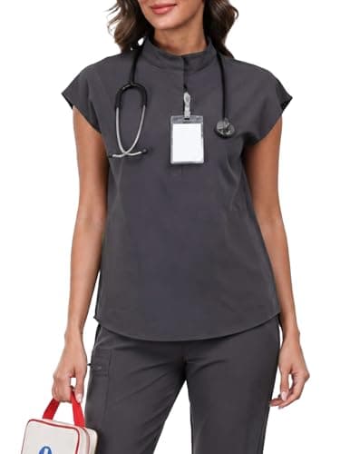 VECARDI Women's Scrub Top Zip Front Stretch Short Sleeve Nurse Uniform Shirt with Pockets Badge Loop Grey - Thumbnail 3