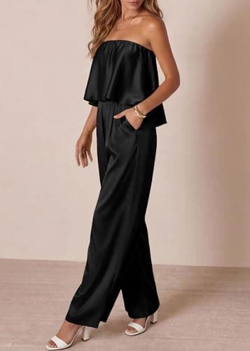 KIRUNDO Jumpsuits For Women Dressy 2026 Summer Satin Strapless Romper Flowy Tube Top Spring One Piece Vacation Outfits(Black, XX-Large) - Thumbnail 5