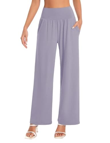 BUBBLELIME 20"/27"/29"/31"/33"/35" Women's Wide Leg Yoga Pants High Waist Loose Comfy Lounge Casual Sweatpants with Pockets - Wide Legs_Grey_Purple XL_27" Inseam - Image 1
