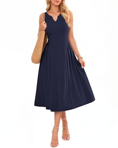 MISFAY Women's Sleeveless A-Line Maxi Dress with Pockets — Pleated Flowy Sundress for Summer Beach and Vacation(Navy Blue,M) - Image 1