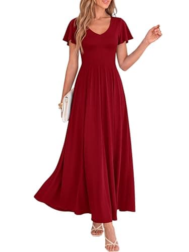 BTFBM Formal Dresses for Women Summer Outfits V Neck Ruffle Sleeve A Line Maxi Elegant Cocktail Wedding Guest Dress 2026(Burgundy, XX-Large) - Image 1