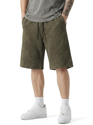 JMIERR Men's Athletic Shorts Moisture Wicking Vintage Acid Washed Cotton Loose Fit Elastic Waist Drawstring Casual Baggy Gym Shorts for Vacation,Office Date, Jungle Green, Medium - Image 1
