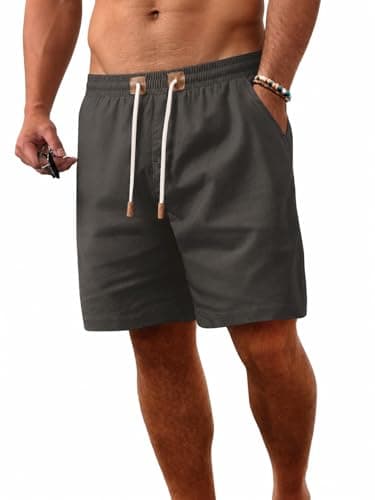 ZKMAN Men's Linen Shorts Casual Breathable Summer Beach Vacation Drawstring Elastic Waist Short with Pockets(Dark Gray S) - Image 1