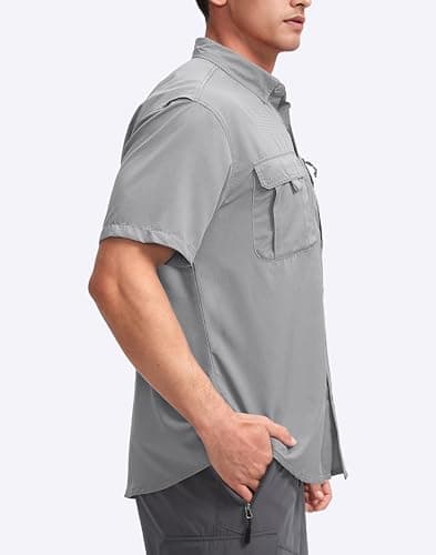 BETBO Men's Short Sleeves Fishing Shirts Button Down Summer Travel Work Shirts with Zipper Pockets(Light Grey, Small) - Thumbnail 2