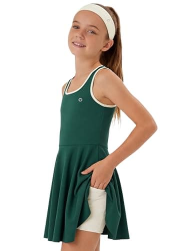 PATPAT Girls Athletic Dress, Tennis Dress with Headband & Shorts with Pocket, Outfit for Golf Dance School, Dark Green, US10/M - Image 1
